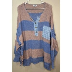 Fate Women's Oversized Striped Henley Knit Sweater Pink Blue Boho Size Medium